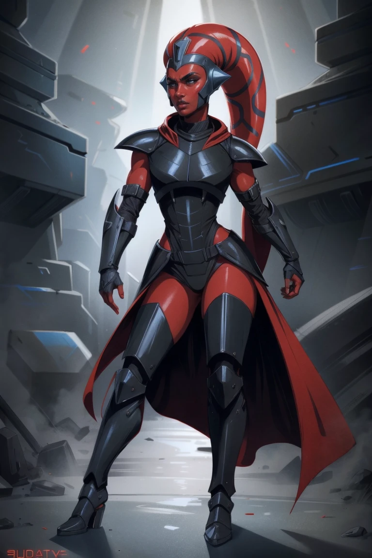 Brutal Red Skin Twi'lek with huge breasts wearing futuristic ((sleek (black) armor, black armor)) robes, cowl, crown, helmet, cape, huge breasts, slim hips, small waist, full-body shot