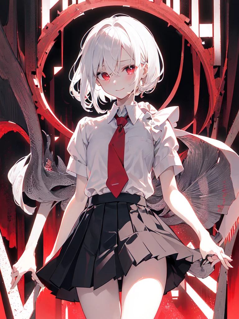 In general detail: very detailed, highly detailed, exceptionally detailed, exceptionally detailed, top quality, 2.5D works, a girl, single, beautiful hands, perfectly beautiful hands, summer school uniform: plain dark gray skirt with a lot of pleats: 1.4, red necktie with a pattern: 1.3, short sleeves, white shirt with white buttons, not NSFW (not safe for work): (-1.5), facial expression: a small smile at the corner of the mouth, enchanting gaze, posture: standing, posing cute and charming, looking at the audience, character traits: slender, Kawaei, perfectly balanced face, soft pinkish cheeks, extremely cute girl, extremely cute face, exceptionally detailed facial features, exceptionally detailed hair, extremely cute, extremely beautiful, background: deserted city, midnight, dark, deep focus background, additional physical features: medium to large chest, slim, large hips, well-rounded thick thighs, long slender legs, hairstyle: (Aho-ge: 1.2), (short bob with side ponytail, left side gathered hair, hair between the eyes, black/white hair), red/pink eyes."