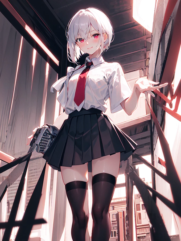 In general detail: very detailed, highly detailed, exceptionally detailed, exceptionally detailed, top quality, 2.5D works, a girl, single, beautiful hands, perfectly beautiful hands, summer school uniform: plain dark gray skirt with a lot of pleats: 1.4, red necktie with a pattern: 1.3, short sleeves, white shirt with white buttons, not NSFW (not safe for work): (-1.5), facial expression: a small smile at the corner of the mouth, enchanting gaze, posture: standing, posing cute and charming, looking at the audience, character traits: slender, Kawaei, perfectly balanced face, soft pinkish cheeks, extremely cute girl, extremely cute face, exceptionally detailed facial features, exceptionally detailed hair, extremely cute, extremely beautiful, background: deserted city, midnight, dark, deep focus background, additional physical features: medium to large chest, slim, large hips, well-rounded thick thighs, long slender legs, hairstyle: (Aho-ge: 1.2), (short bob with side ponytail, left side gathered hair, hair between the eyes, black/white hair), red/pink eyes."