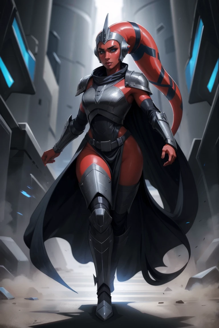 Brutal Red Skin Twi'lek with huge breasts wearing futuristic ((sleek (black) armor, black armor)) robes, cowl, crown, helmet, cape, huge breasts, slim hips, small waist, full-body shot