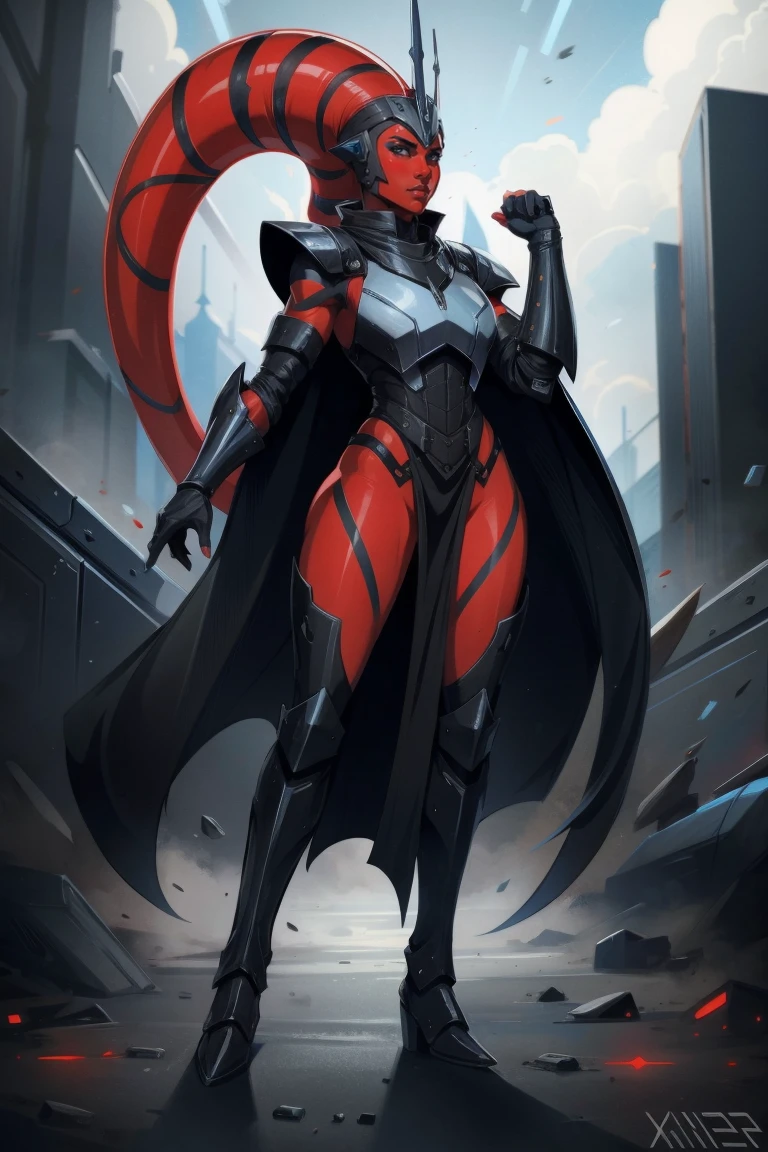 Brutal Red Skin Twi'lek with huge breasts wearing futuristic ((sleek (black) armor, black armor)) robes, cowl, crown, helmet, cape, huge breasts, slim hips, small waist, full-body shot