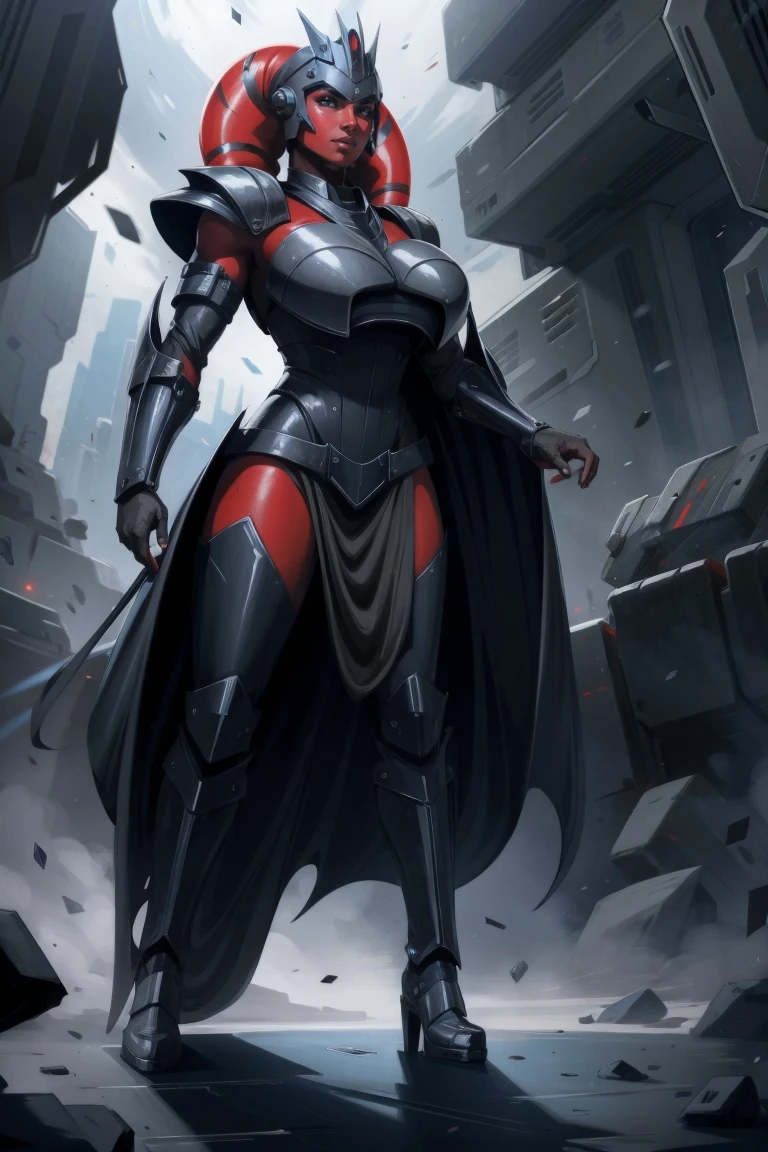 Brutal Red Skin Twi'lek with huge breasts wearing futuristic ((sleek (black) armor, black armor)) robes, cowl, crown, helmet, cape, huge breasts, slim hips, small waist, full-body shot