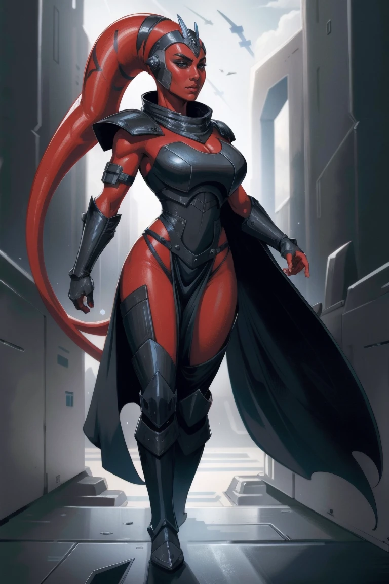 Brutal Red Skin Twi'lek with huge breasts wearing futuristic ((sleek (black) armor, black armor)) robes, cowl, crown, helmet, cape, huge breasts, slim hips, small waist, full-body shot