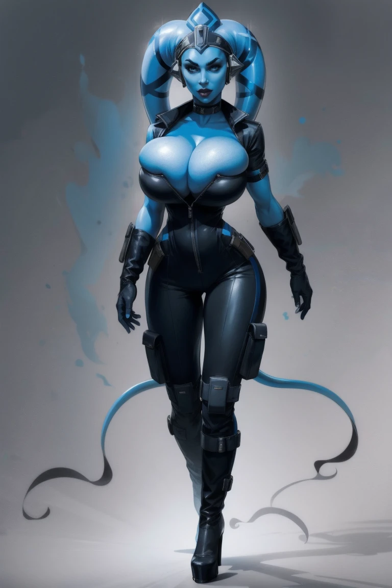 Tall Blue Skin Twi'lek with (medium breasts) wearing a black leather jumpsuit, short sleeves, tattoos, high-heel boots, utility belt, gloves, medium breasts, unzipped, cleavage, tall, graceful, (tall, long legs), toned, slim hips, small waist, full-body shot