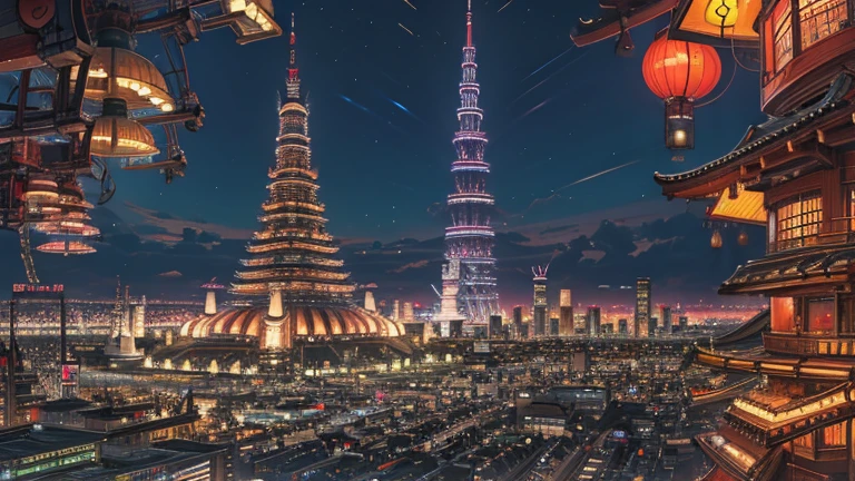 Mexican town combined with neon Tokyo Japan with a cathedral and its conical tower of Japan