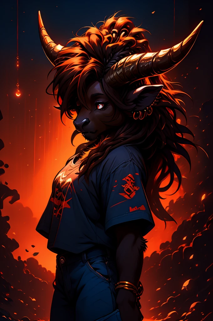 a masculine female highland cow with mullet-like dreadlocks and her hair over her eyes, rings on horns, wearing a graphic t-shirt and baggy blue jeans, detailed horns, detailed fur, dramatic lighting, dramatic shadows, vibrant colors, warm color palette.