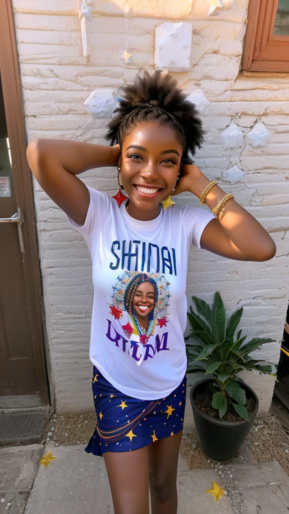 Araafed em frente a uma parede de tijolos, Estrela Brilhante, jovem africana de pele clara, estrelas brilhantes, por Emerson Silva, luz branca brilhando sobre ela, she is smiling and happy, she is smiling and excited, estrelas brilhando, garota negra super fofa e descolada, garota afro-americana, brilhante e cintilante, she is smiling 7 years