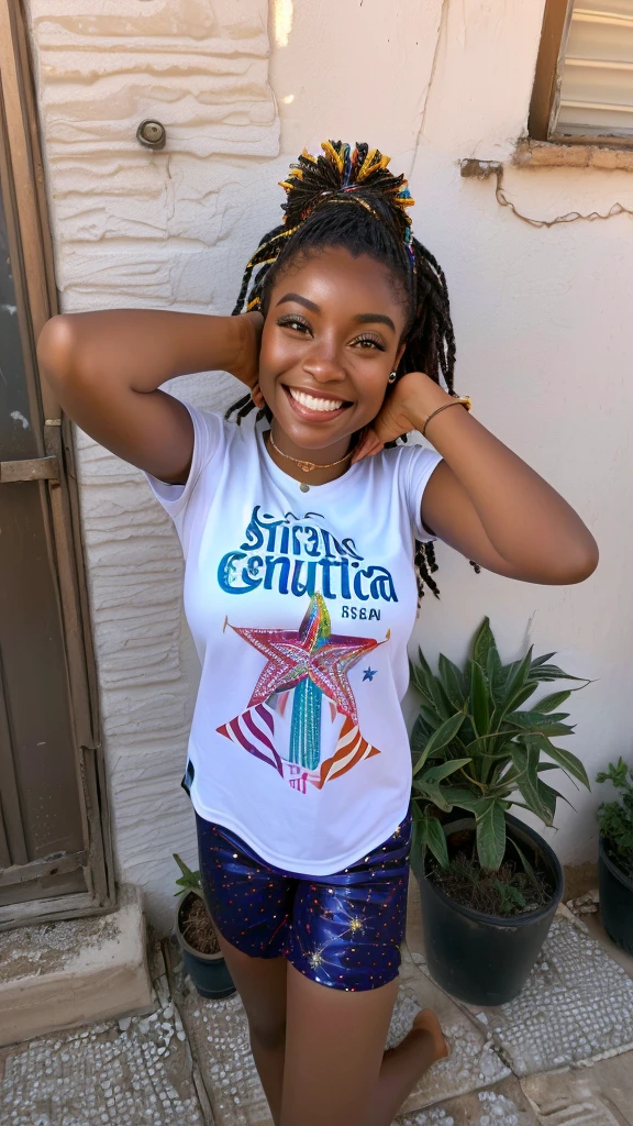 Araafed em frente a uma parede de tijolos, Estrela Brilhante, jovem africana de pele clara, estrelas brilhantes, por Emerson Silva, luz branca brilhando sobre ela, she is smiling and happy, she is smiling and excited, estrelas brilhando, garota negra super fofa e descolada, garota afro-americana, brilhante e cintilante, she is smiling 7 years