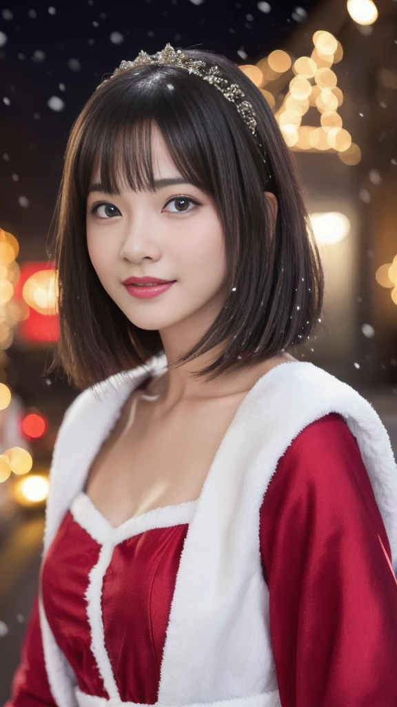 1girl, (santa claus costume slim fit:1.75), symmetry,(Cute ultra young girl:2.0),(ultra short hair:2.0), ultra big smile, (Beautiful large round droped detailed eyes:1.5), beautiful detailed lips, (extremely detailed beautiful face, natural makeup, Incredibly beautiful skin:2.0), (best quality,4k,8k,highres,masterpiece:2.0),(ultra-detailed,realistic,photorealistic,photo-realistic:1.75),professional,vivid colors,studio lighting on her face, (snowing night town,christmas eve:1.25)