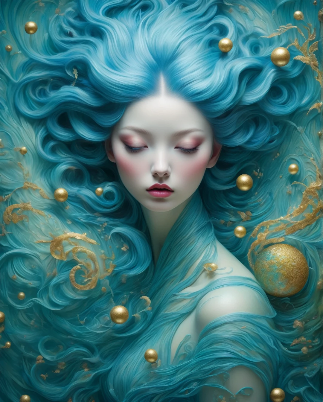 colorpop style, pointy hair, blue skin, natalie shau, mark ryden, alberto seveso, brooke shaden, anna dittmann, flora borsi, yin yang fern, beautiful full body photo with oil painting, with thick brushstrokes and wet paint, fibonacci, golden ratio, melted wax, visible brushstrokes, surrounded by crystal ball, 3D Mosaic wireframe, neural graphics, neurons, tree of life, color, love, passion, oil on canvas, thick brush strokes, crazy details, 8k uhd, masterpiece, art station, surrealism,..... (best quality,4k,8k,highres,masterpiece:1.2),ultra-detailed,(realistic,photorealistic,photo-realistic:1.37),alternative reality,telepathic,psychic powers,mind reading,third eye,mind bending,intense gazing,parallel universe,Yoshitaka Amano style,dreamlike,fantasy,vivid colors,soft lighting