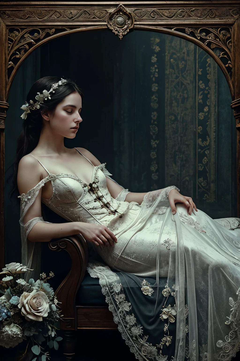 A painstakingly crafted Victorian Memento Mori photograph emerges, showcasing a youthful woman clad in a pristine white gown, exquisitely embellished with black lace and wilting flowers. The ethereal beauty lies reclined on a lavishly decorated velvet-upholstered coffin, enclosed by decaying floral bouquets, embodying the desolation of death's embrace. The image exudes an aged, antique charm, with a delicate sepia tone and a subtly detectable blue hue. The somber and introspective mood pervading the photograph reflects the essence of Memento Mori art