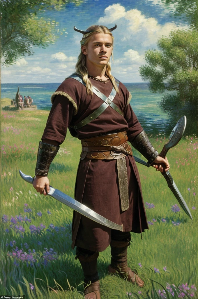 England, 878. A young ((((18-year-old)) Uhtred)), viking boy, fierce, ((((viking clothings from the 870s)))), ((blonde hairstyle of the 870s)), ((colorful, Monet))