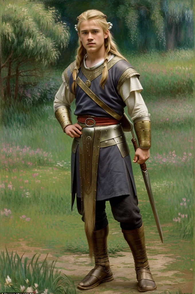 England, 878. A young ((((18-year-old)) Uhtred)), viking boy, fierce, ((((viking clothings from the 870s)))), ((blonde hairstyle of the 870s)), ((colorful, Monet))