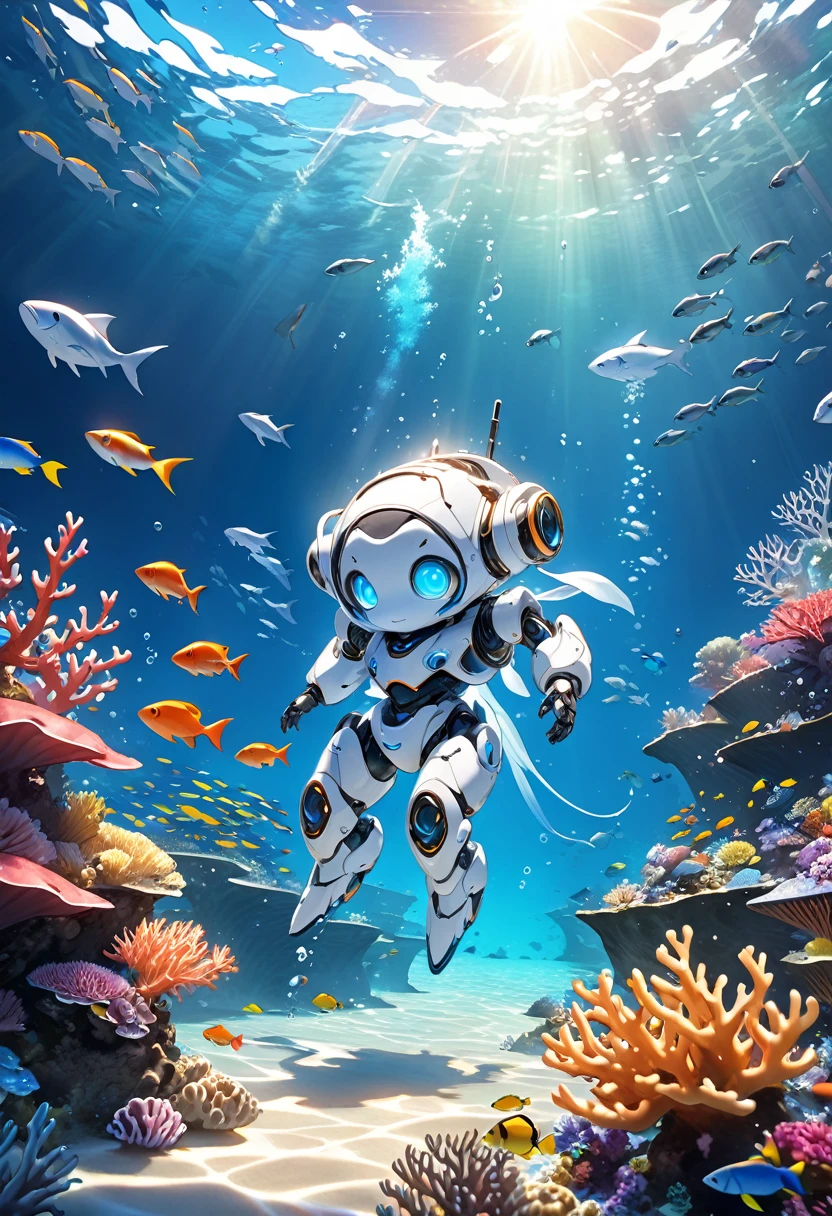 Fantasy CG art with a sea theme , a cute white robot Swimming and strolling in the beautiful sea, the robot is Humanoid, small and cute, and emits blue neon light from its body、(cowboy shot),There are many fish and coral reefs in the sea,Beautiful light of the sun spilling over the water surface.There are no people in the sea,(High quality, high precision images, 4k, 8k,:1.2)ultra detail