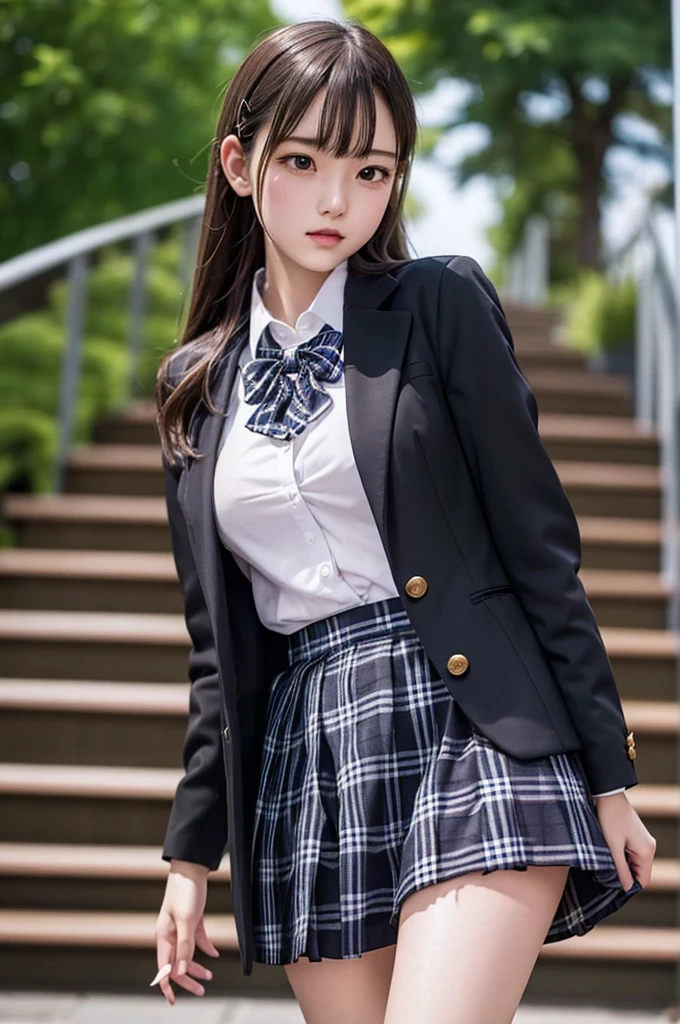 Top quality, high image, 1 woman, 18 years old, school stairs, black jacket, Medium breasts,white blouse,(plaid miniskirt), cotton panties,upskirt from below