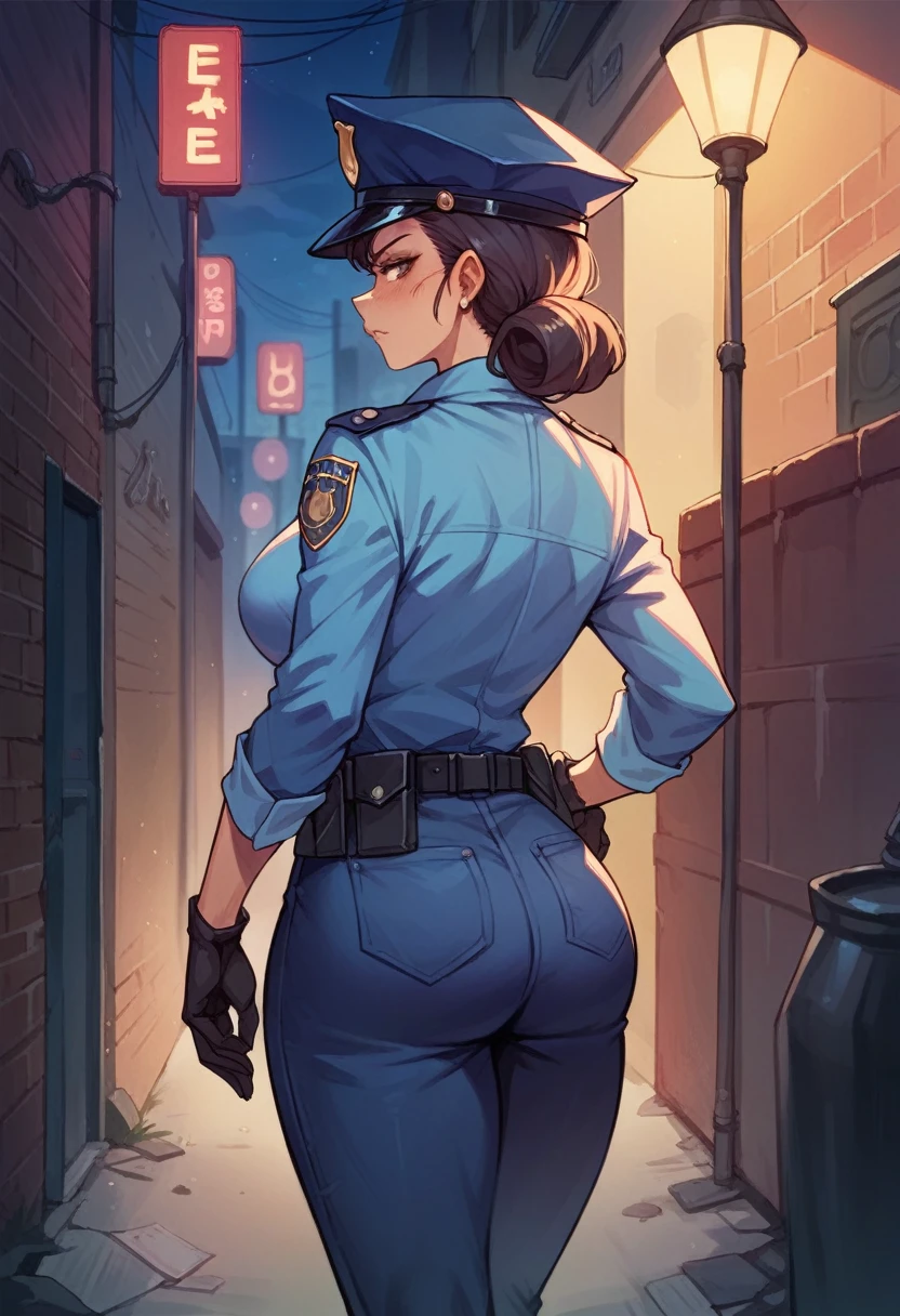 ((Backview position, standing from behind shot))) Close-up of a policewoman in a police uniform posing for a photo, Standing from behind, Short teal And black hair, Light blue shirt, smiling, black miniskirt , Jumpsuits, Black boots, Busty, Sexy girl, Jaw-dropping beauty, with beautiful exotic, cleavage, Very sexy, Looks hot, jaw-droppingly beautiful, Sexy look, beautiful upper body, bubble butt, Attractive body, Clothing that exposes, thicc, Large bust, With large breasts, sie boob, really large ass, huge tit, Ruddy cheeks, perspire, Soak the whole body in milk, A look of shame, Standing in a dimly lit iron cell