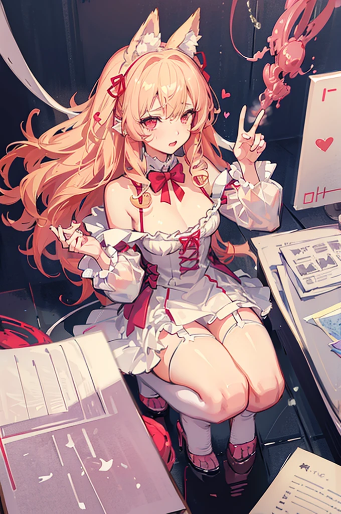 Sexy pretty girl, blonde hair, pastel red eyes,curly hair,dog ear, heart,ribbon,white garter belt, fellatio gesture,steam,girl trembling with sexual climaxmore,Front-facing,