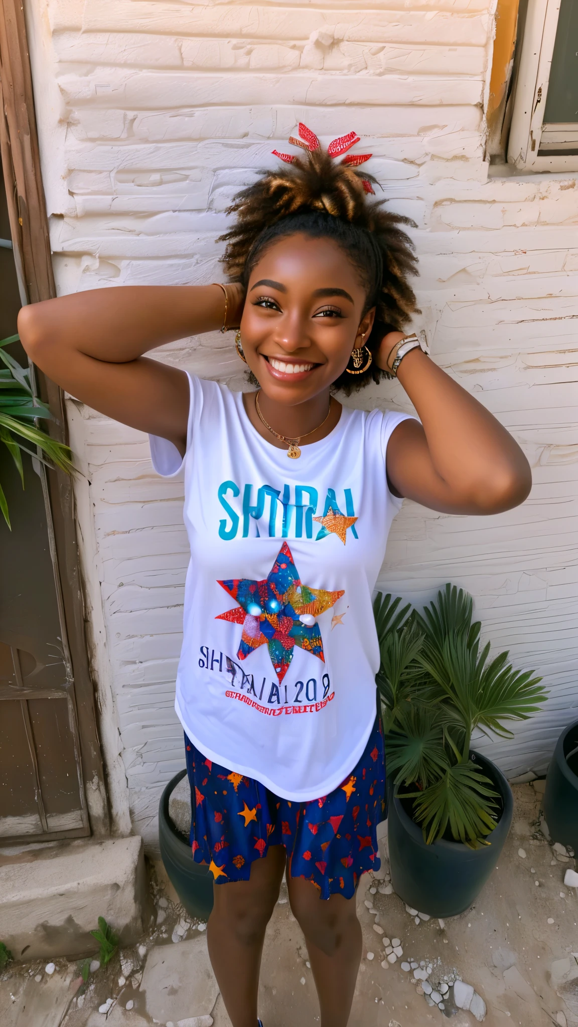 Araafed em frente a uma parede de tijolos, Estrela Brilhante, jovem africana de pele clara, estrelas brilhantes, por Emerson Silva, luz branca brilhando sobre ela, she is smiling and happy, she is smiling and excited, estrelas brilhando, garota negra super fofa e descolada, garota afro-americana, brilhante e cintilante, she is smiling 7 years