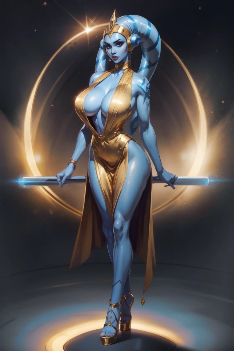 Tall Blue Skin Twi'lek with (huge breasts) wearing a tight short gold cocktail dress, short dress, high neck, sleeveless, (keyhole cleavage), tattoos, huge breasts, cleavage, tall, graceful, (tall, long legs), toned, slim hips, small waist, full-body shot