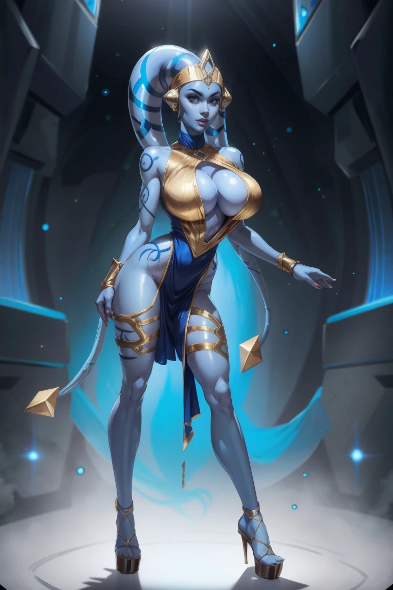 Tall Blue Skin Twi'lek with (huge breasts) wearing a tight short gold cocktail dress, short dress, high neck, sleeveless, (keyhole cleavage), tattoos, huge breasts, cleavage, tall, graceful, (tall, long legs), toned, slim hips, small waist, full-body shot