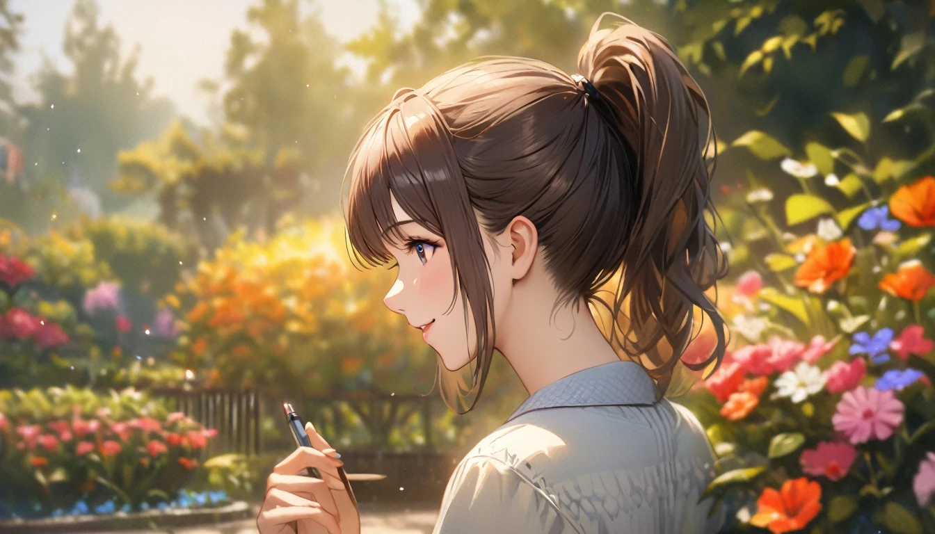 garden, Cute casual clothes,On a date,Blur the background,High school girls,ponytail,smile,Glitter effect,Highest quality, 4K, 8k, High resolution, masterpiece:1.2, Very detailed, Realistic:1.37, High resolution, 超High resolution, Ultra-fine painting, Sharp focus, Physically Based Rendering, Very detailedな説明, Professional, Vibrant colors