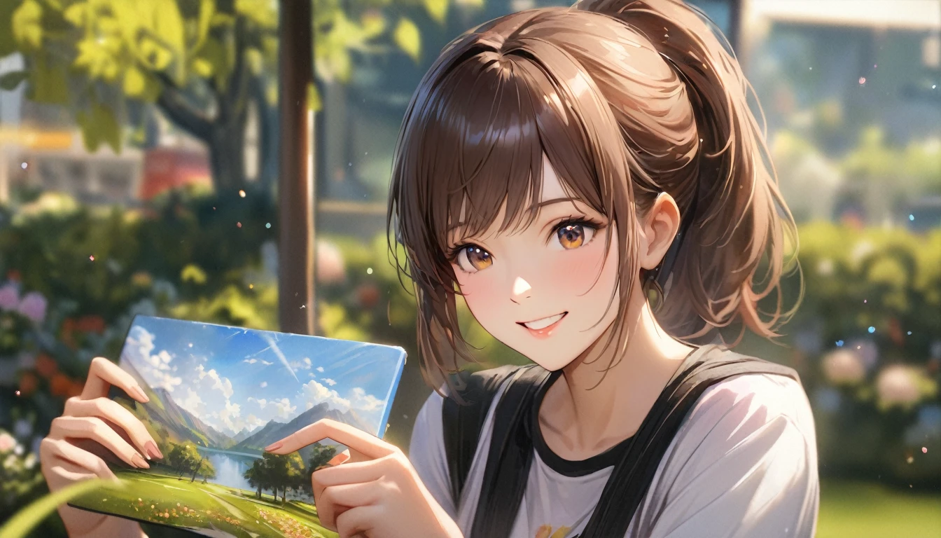 garden, Cute casual clothes,On a date,Blur the background,High school girls,ponytail,smile,Glitter effect,Highest quality, 4K, 8k, High resolution, masterpiece:1.2, Very detailed, Realistic:1.37, High resolution, 超High resolution, Ultra-fine painting, Sharp focus, Physically Based Rendering, Very detailedな説明, Professional, Vibrant colors