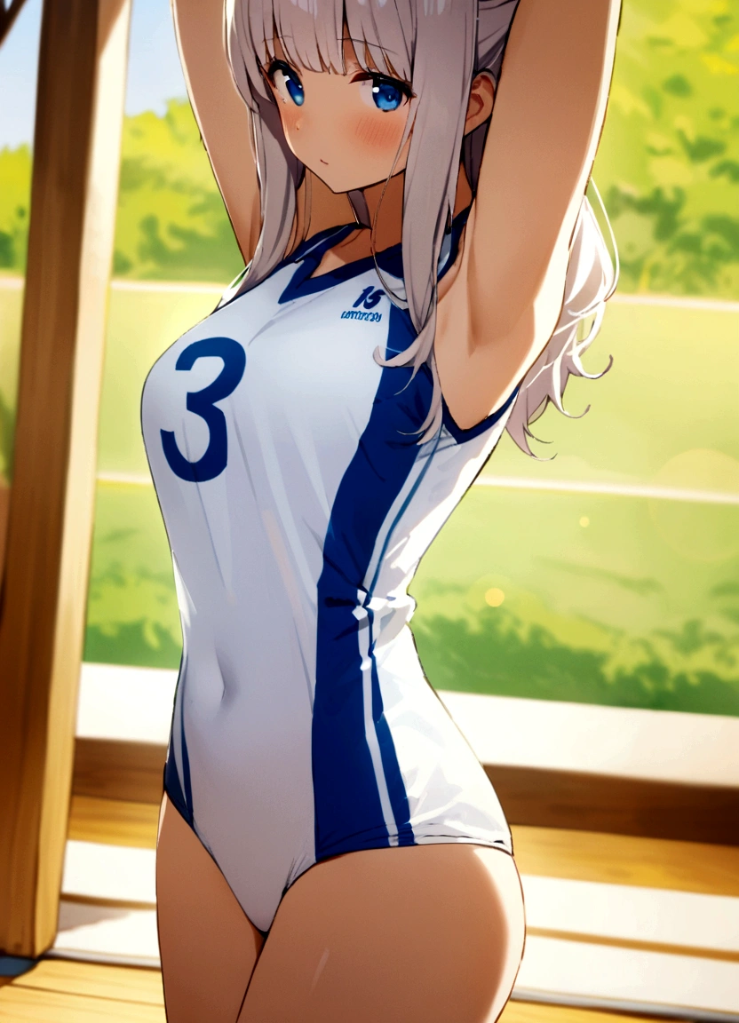 A woman in a white and blue swimsuit poses for a photo, Wearing a volleyball jersey, Cute girl in a tank top, 白いWearing a leotard, Close-up body shot, Wearing a leotard, 半身のClose-up shot, Upper body close-up, mayuri shiina, Close-up shot, Close-up angle, Lower body close-up, Front angle, Side Shot