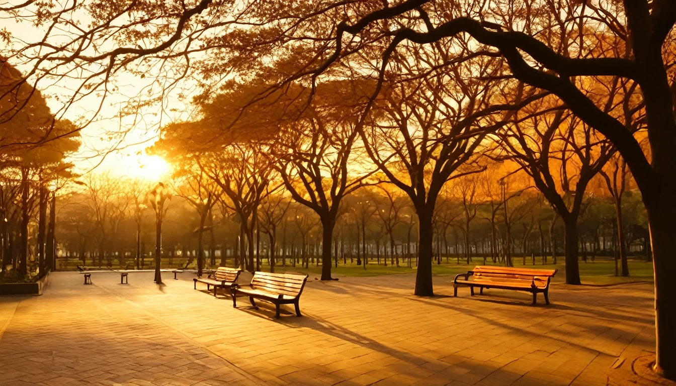 A quiet residential park bathed in the orange glow of the sunset。Sunset light on the tree々The benches are softly lit up