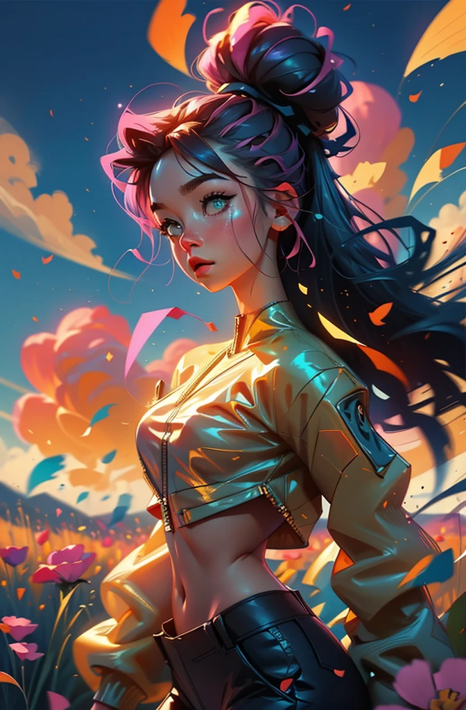 award winning digital art, half body portrait of a beautiful woman in a pink crop top and cargo pants with navy blue teal hairstyle with head in motion and long hair flying, in a flower field, golden sunset, particles dust, glitter, paint splashes, splatter, outrun, vaporware, shaded flat illustration, digital art, trending on artstation, highly detailed, fine detail, intricate