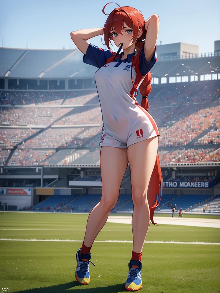 (Masterpiece, Best Quality), 1girl, beautiful face, red hair tied with hair tie in mouth, hands behind head, wearing France 2024 soccer uniform, playing in the middle of the field during Eurocup, full body, large thighs, sweaty