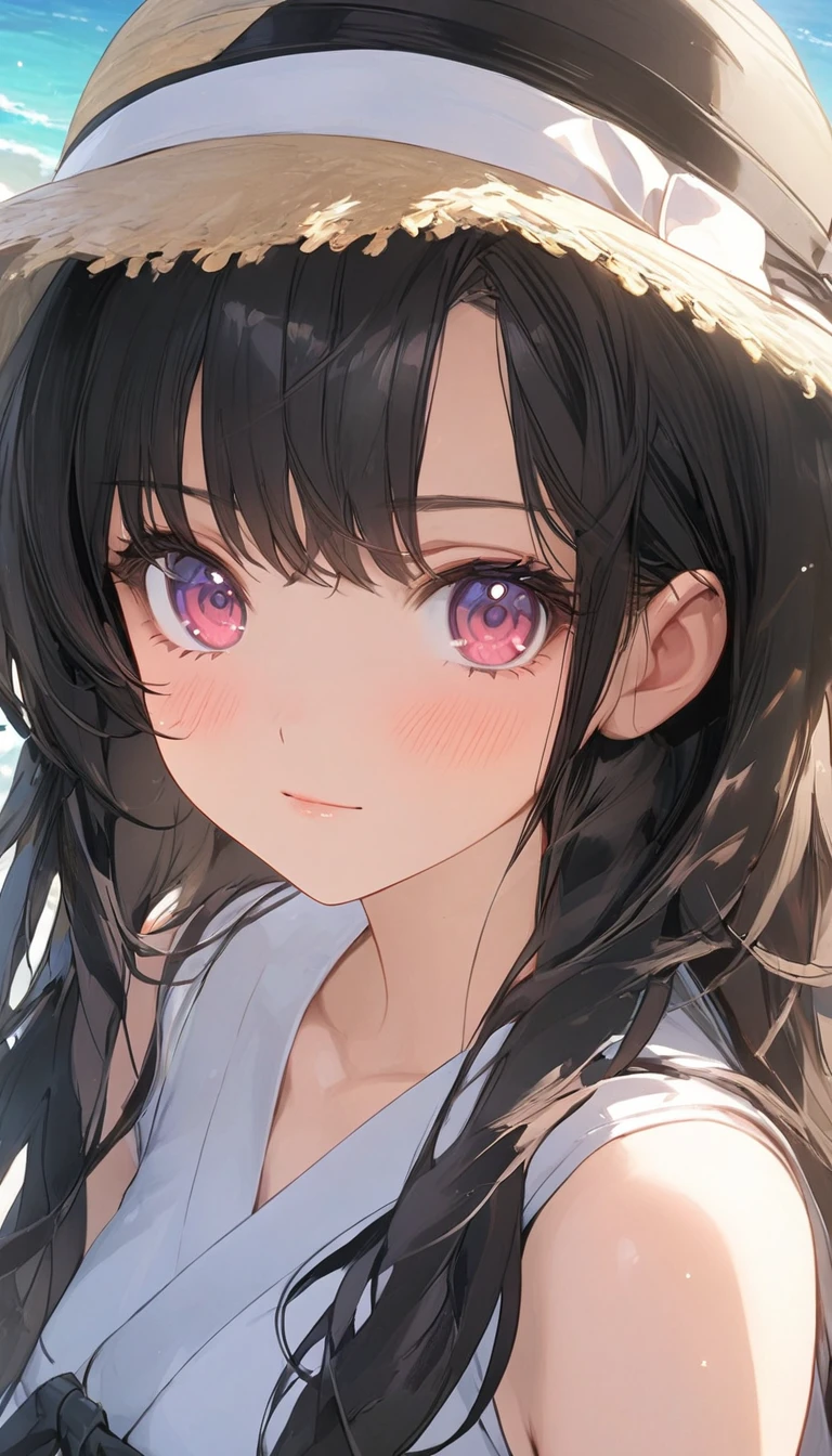 anime girl laying on the beach with a hat on, anime visual of a cute girl, cute anime girl, 4k anime wallpaper, beautiful anime girl, smooth anime cg art, anime style 4 k, pretty anime girl, guweiz, best anime 4k konachan wallpaper, beautiful anime portrait, in the beach, , cute anime girl portraits, 