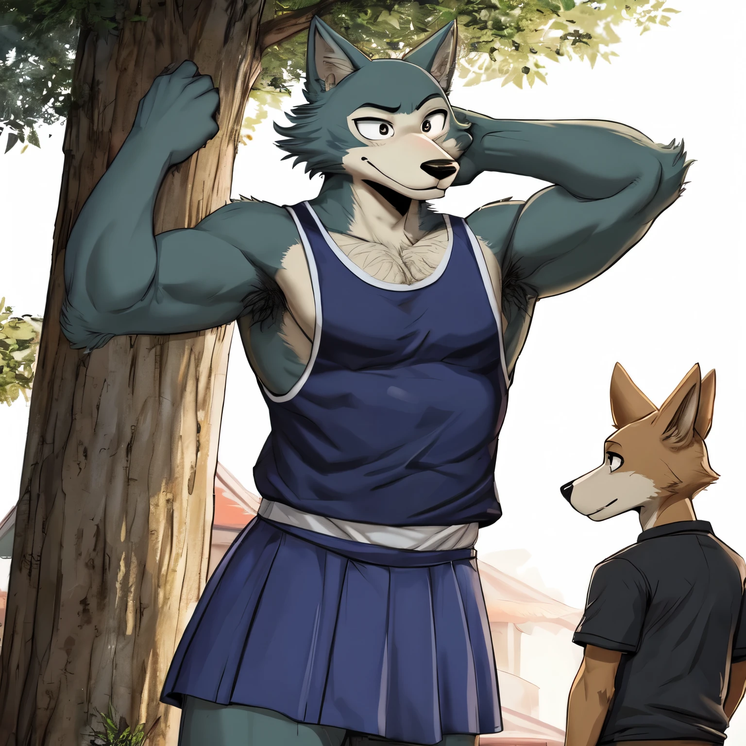 Legoshi from Beastars with masculine body wearing japanese with white sleeveless shirt and small blue skirt admiring his hairy armpit