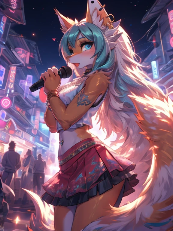 Chica anime,tennage girl 18 years old, anime style, cute hatsune miku x suicune, shy girl , Orejas de Kitsune, arte de dark natasha, city landscape, arte de vixen aztra, cuerpo completo, patas hermosas, cintura delgada, caderas amplias, navel white blouse, white&pink skirt, navel piercing, ear piercing, navel tattoo, atrevid pose, back pose, fluffly tail, sensual eyes (la mejor definicion) long hair, black flash, city party, city night life, party girl, idol girl, girl with microphone singing, deep blue eyes (HD), white&pink dress, super mega star idol, aura pura, silueta de luz, silueta radiante de luz dorada, su cuerpo brilla, best lighting in photography, mermaid mini skirt, lovely girl, sending kiss, heartlove, dontonbori landscape
