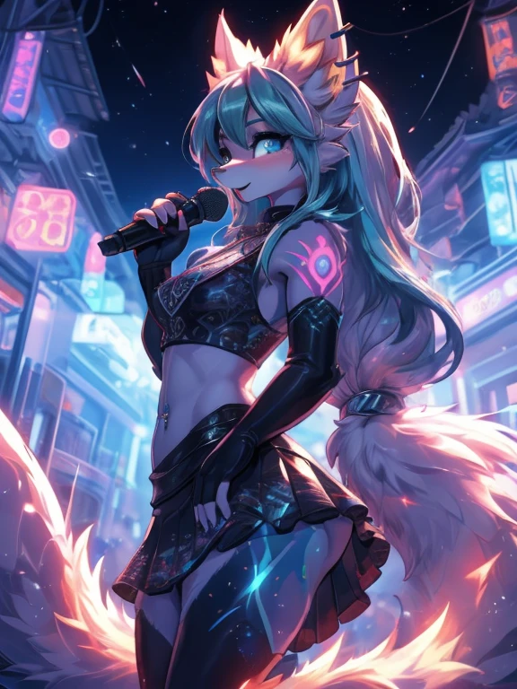 Chica anime,tennage girl 18 years old, anime style, cute hatsune miku x suicune, shy girl , Orejas de Kitsune, arte de dark natasha, city landscape, arte de vixen aztra, cuerpo completo, patas hermosas, cintura delgada, caderas amplias, navel white blouse, white&pink skirt, navel piercing, ear piercing, navel tattoo, atrevid pose, back pose, fluffly tail, sensual eyes (la mejor definicion) long hair, black flash, city party, city night life, party girl, idol girl, girl with microphone singing, deep blue eyes (HD), white&pink dress, super mega star idol, aura pura, silueta de luz, silueta radiante de luz dorada, su cuerpo brilla, best lighting in photography, mermaid mini skirt, lovely girl, sending kiss, heartlove, dontonbori landscape