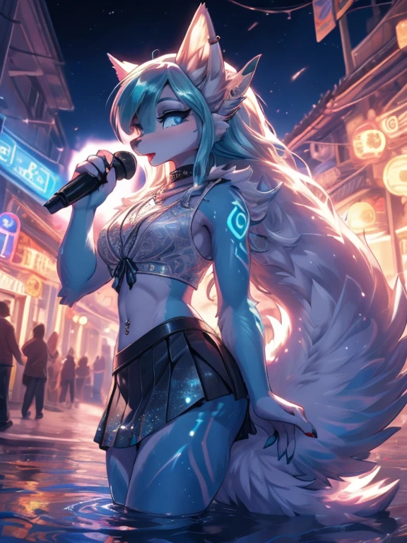 Chica anime,tennage girl 18 years old, anime style, cute hatsune miku x suicune, shy girl , Orejas de Kitsune, arte de dark natasha, city landscape, arte de vixen aztra, cuerpo completo, patas hermosas, cintura delgada, caderas amplias, navel white blouse, white&pink skirt, navel piercing, ear piercing, navel tattoo, atrevid pose, back pose, fluffly tail, sensual eyes (la mejor definicion) long hair, black flash, city party, city night life, party girl, idol girl, girl with microphone singing, deep blue eyes (HD), white&pink dress, super mega star idol, aura pura, silueta de luz, silueta radiante de luz dorada, su cuerpo brilla, best lighting in photography, mermaid mini skirt, lovely girl, sending kiss, heartlove, dontonbori landscape 