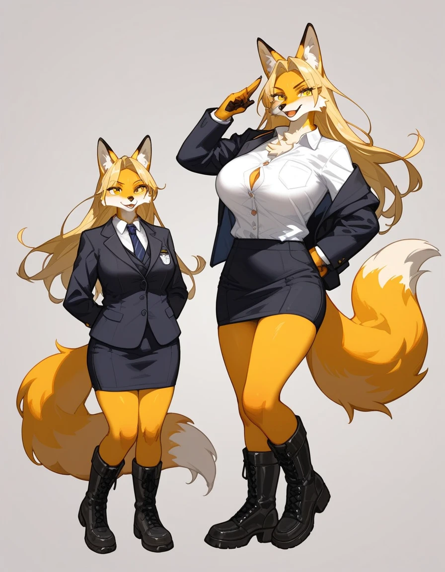 , score_9,score_8_up,score_7_up, An anthro furry fox woman, mature tall woman, yellow furry body, yellow eyes, yellow fox ears, blonde hair, snout, black nose, wearing black blazer, white button up shirt. Black skirt, black combat boots, hands behind her back, coy pose, on a school campus,