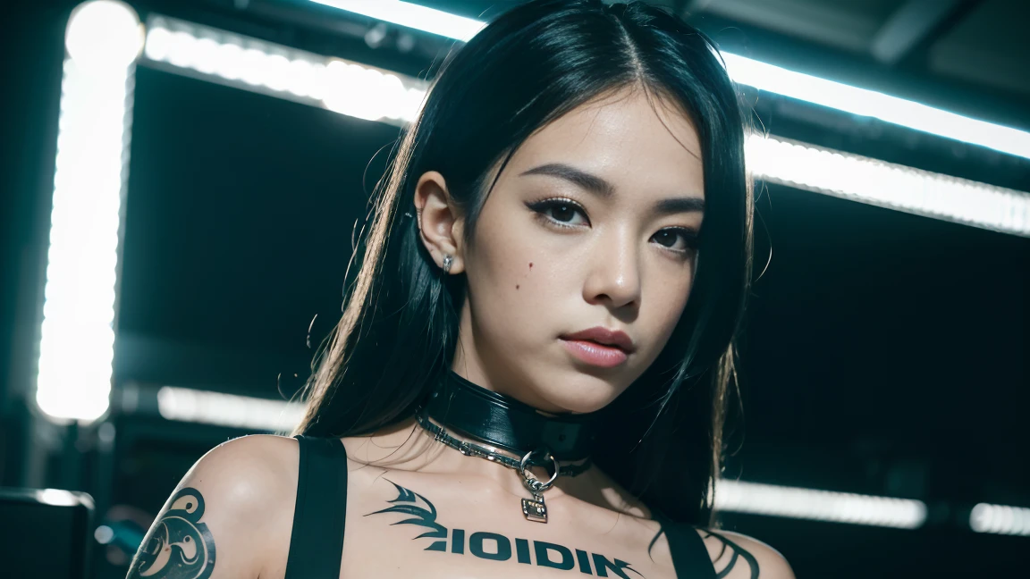 techno music, house music, dancing girls, DJ girl, realistic, high res, bondage fashion, tattoos, piercing, brads, live music, class, large bare chest, looking into camera, smile, wide shot, cinema lens, skin glow