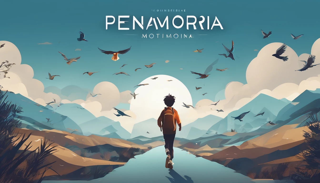 Create a professional, fantastic, cinematic Youtube Banner for a brand about music and stories called " Penamemoria". Masterpiece, 4k, sharp focus, highest quality,wide shot. The title is " Penamemoria". Is a brand about the creative, unique journey of a boy into becoming a musician storyteller. In his journey he finds inspiration in a world of birds and feathers. Minimalistic, simple, poetic, dreamy logotype at the center of the image. The Background image is a world full of fantastic feathers, unique birds, light blue sky, and a boy running happily into the horizon with an acoustic guitar in his right hand. Boy running against the wind, almost simulating like he is flying. Icon and logo in the center of the image.