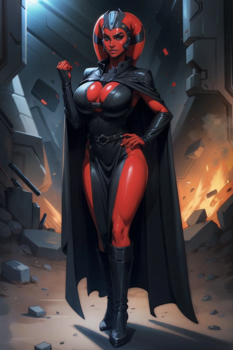 Brutal Red Skin Twi'lek with huge breasts wearing futuristic ((sleek (black) tunic)), robes, cowl, cape, huge breasts, slim hips, small waist, full-body shot