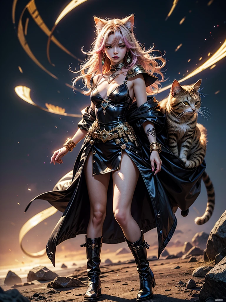 There is lost coliseum there stand female lionessin battle stance, she have ebony colour skin beautiful yellow cat eyes dark gold eyeshadows make up, ring style earrings, her hair is purple with pink highlights . she dressed in white neather topic with golden parts on countures also short and white leather straps on her cat legs instead of boots, her hands have hude ruby claws on her fingers, (ultra high quality fantasy art, anime fantasy style, masterpiece, ultra high quality character design, 8k quality anime art, realistic anime art, top quality wallpaper illustration, detailed ultra high quality accurate face, high quality design and accurate physic)