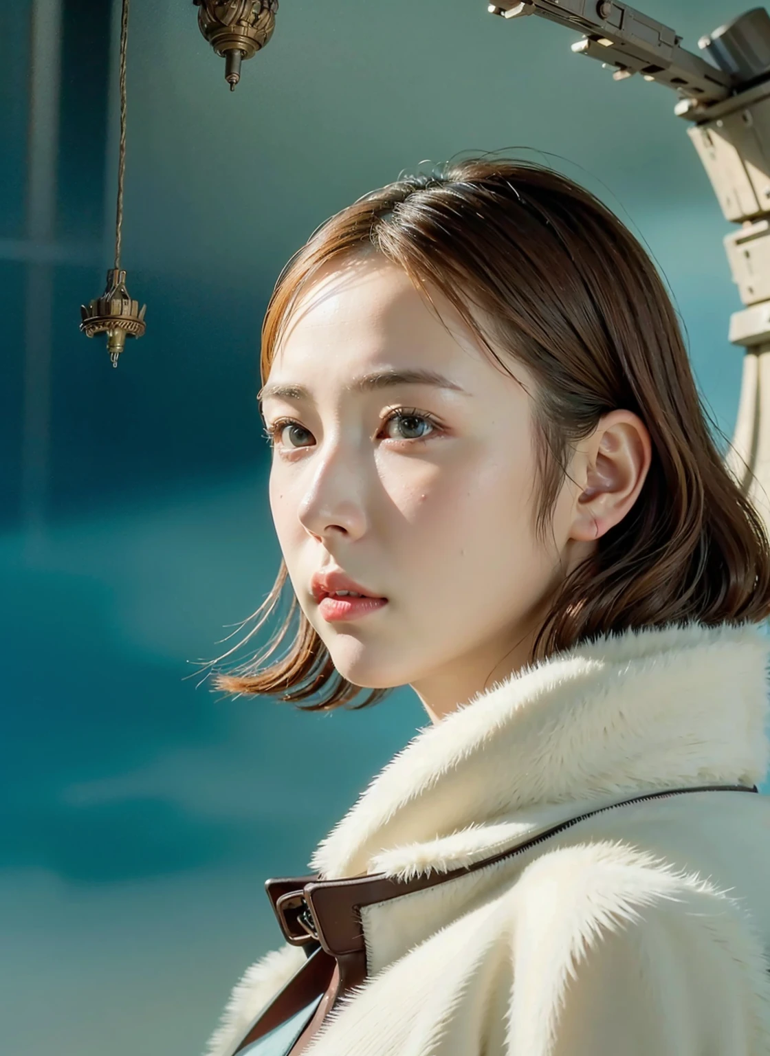 superrealism, ultra high res,8k,(Photorealsitic:1.4), (WWⅡ-like mechanical suit), Collapsed Cities, heavy weapons,vivid textures, beautiful hair, japanese female soldier,, (beautiful idle face),legs, ((super realistic all textures)), ((super intricate all details)), full body shot, ultra sharp photo result, beige color, scratch, Rust, weathering, Sweat, move, operational action in progress, steampunk, taken with Fuji film X-T30+Nokton. HDR10,Minimum of 4 pieces created