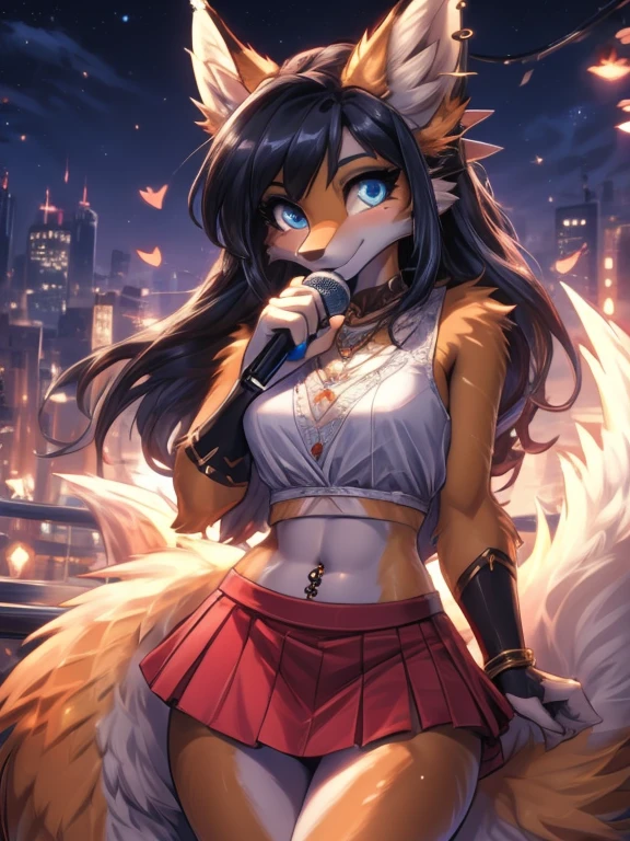 Chica anime,tennage girl 18 years old, anime style, cute kotori date alive, shy girl , Orejas de Kitsune, arte de dark natasha, city landscape, arte de vixen aztra, cuerpo completo, patas hermosas, cintura delgada, caderas amplias, navel white blouse, white&pink skirt, navel piercing, ear piercing, navel tattoo, atrevid pose, back pose, fluffly tail, sensual eyes (la mejor definicion) long hair, black flash, city party, city night life, party girl, idol girl, girl with microphone singing, deep blue eyes (HD), white&pink dress, super mega star idol, aura pura, silueta de luz, silueta radiante de luz dorada, su cuerpo brilla, best lighting in photography, mermaid mini skirt, lovely girl, sending kiss, heartlove