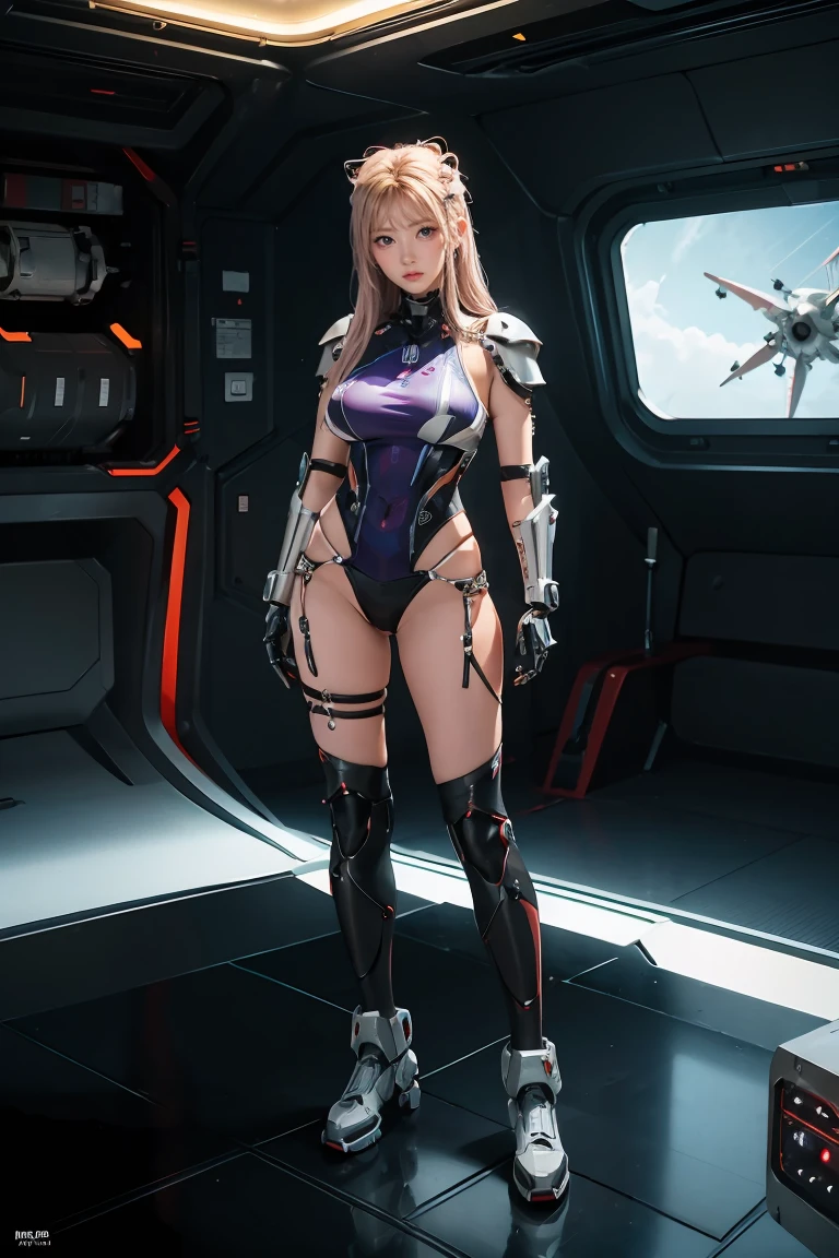 (full body photo:2), (one/woman/mechanic:1.8), (extremely large :1.8), (all mechanical body:2), (with bionic armor:1.5), white with black gears, (she is inside a spaceship near the window seeing outer space:1.5), (she has very short purple straight hair:1.2), (blue eyes:1.2), (moaning:1.5), (blush:1.5), (is doing sensual poses standing up for the viewer:1.5), anime style, Anime, 16k, high quality, textured skin, UHD, award-winning