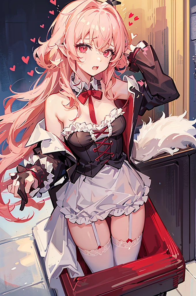 Medium chest,Sexy pretty girl, blonde hair, pastel red eyes,curly hair,dog ear, heart,ribbon,white garter belt, fellatio gesture,steam,girl trembling with sexual climaxmore,Front-facing,
