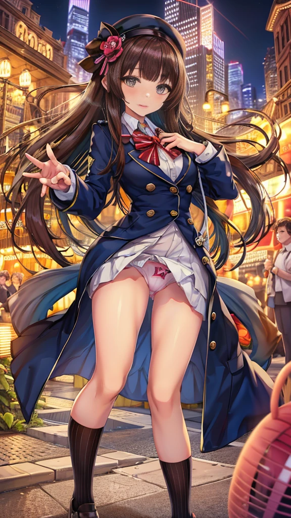 {Highest quality], [Super beautiful], [Ultra fine], [Best illustration], NSFW,Brown Hair, Hime cut, Long Hair, With bangs, girl,high school student,uniform,knit,smile, blush, Slender women, Adult women,Standing posture,(Public),Night Park,Summer festival,diagonal, Navy blue knee socks,Black Loafers、Stripes々
Panties、In underwear、Without skirt