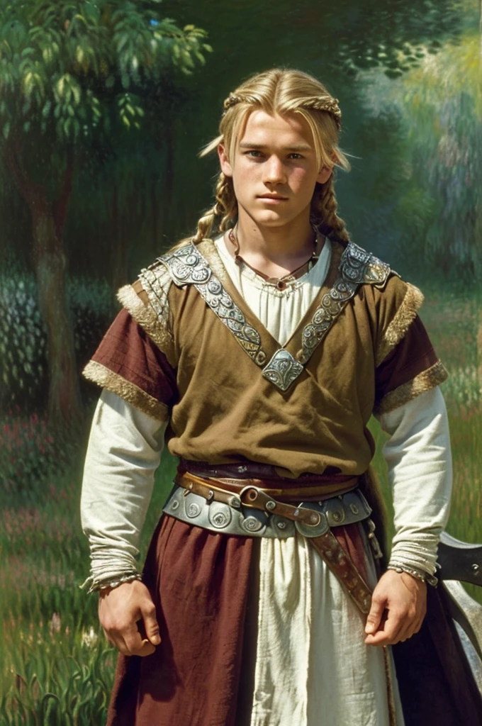 England, 878. close-up of A young ((((18-year-old)) Uhtred)), viking boy, fierce, ((((viking clothings from the 870s)))), ((blonde hairstyle of the 870s)), ((colorful, Monet))