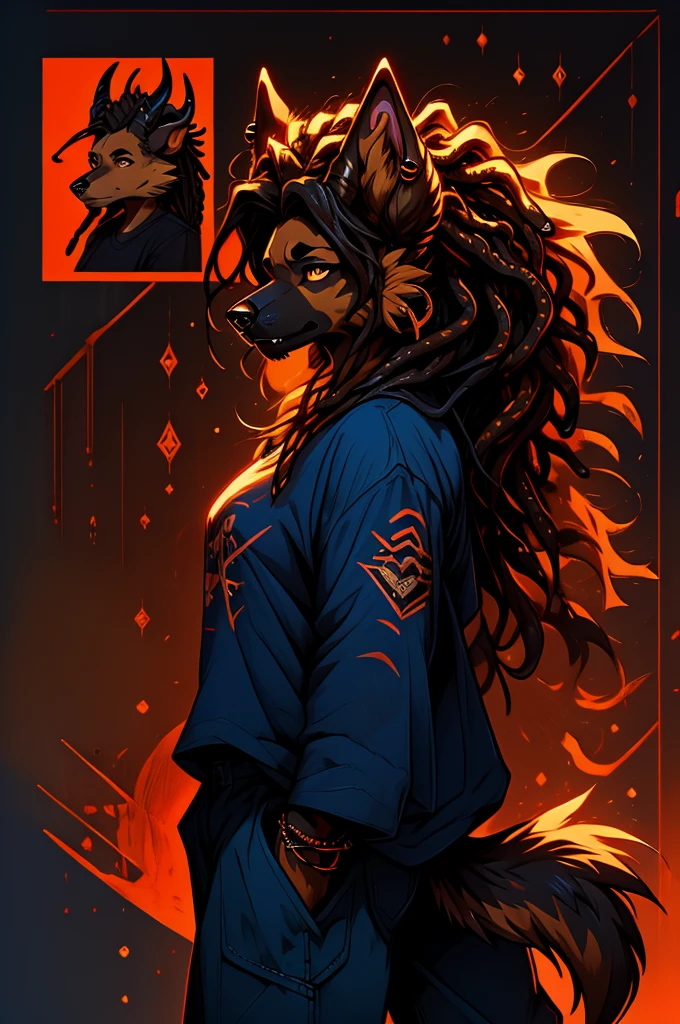 an oc reference sheet for a masculine female german shepherd dog with mullet-like dreadlocks and her dreads over her eyes, piercings, wearing a graphic t-shirt and baggy blue jeans, detailed horns, detailed fur, dramatic lighting, dramatic shadows, vibrant colors, warm color palette.