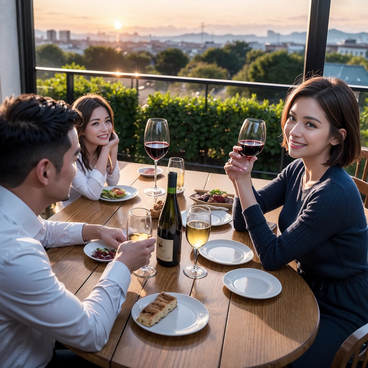 ((Highest quality、8k、masterpiece:1.3))、 (Genuineistic, Genuine、Bright image、Intricate details:1.2), 最高のsmile、1 male、1 female、Beautiful couple、spouse、fiancee、Good friends、actress couple、smile、Full-course dinner at a packed table、 (Slim face), (the body is slim), (Brown Hair), (short hair), テーブルのwine glass、Please shine a light on my face、 Amazing view of the sunset sky and clouds、 (42 years old)40 years old, red wine 、Appetizers、Wine bottle、sparkling wine、Long sleeve shirt、dress、White wine, red wine, wine glass,