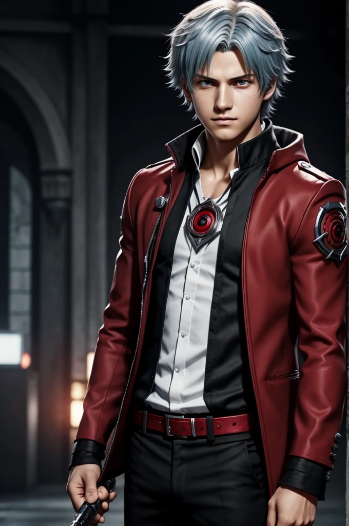 A boy with the appearance of Dante Sparda at 18 years old but having special eyes being the Sharingan and having the U academy uniform.A de my hero academia y que la calidad sea la misma que de boku no hero