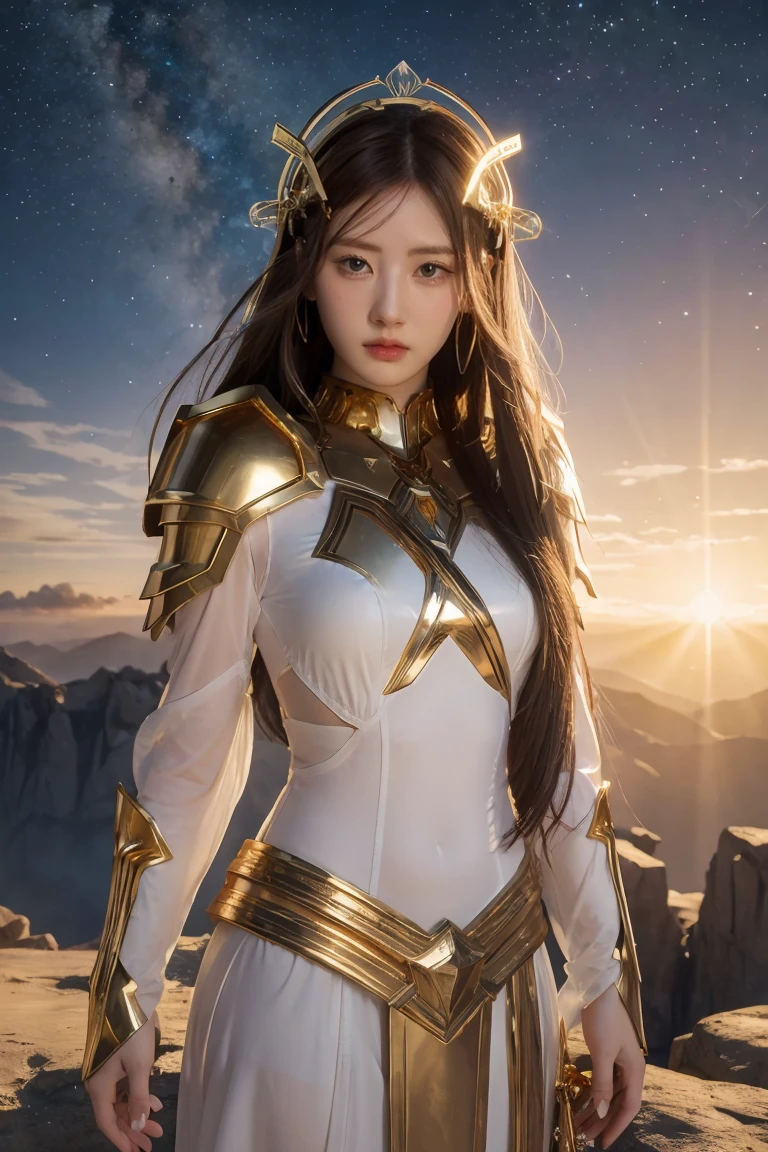 ((masterpiece, best quality, extremely detailed), volumetric lighting, ambient occlusion, colorful, glowing), 1girl, solo, young girl, (dark hair), long hair, halo, aura, sacred, goddess, cleric suit, (white outfit with gold detailst:1.3), armor, outdoors, sunset, sky, clouds, space, (fantasy theme:1.2),